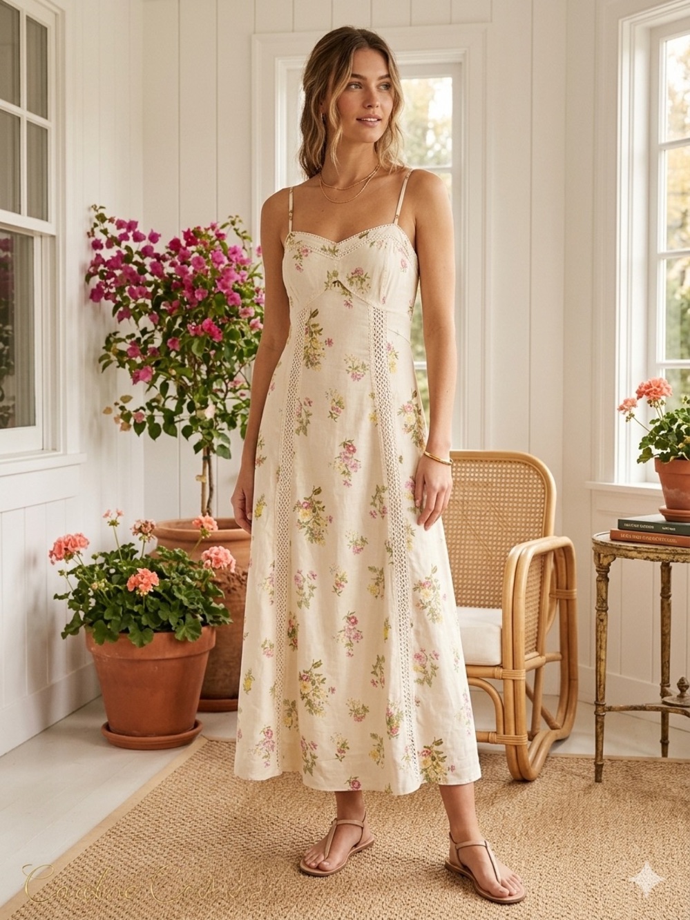 Caroline Constas Cream Floral Spaghetti-Strap Dress
